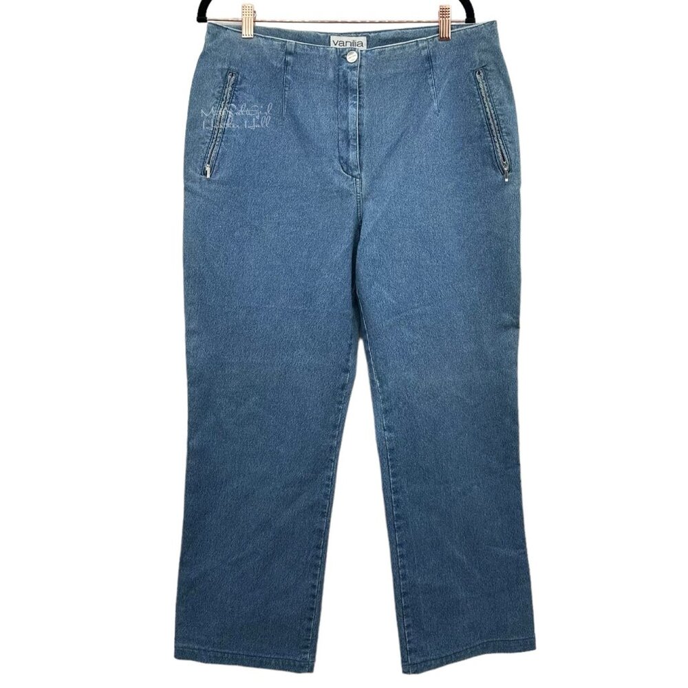 Vanilla High Rise Button Zip Pockets Pleated Medium Wash Denim Jeans 32